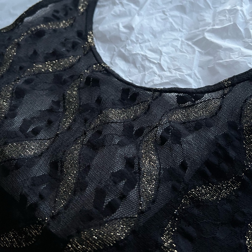 VTG 80s S sheer lace jumpsuit bodycon gold wavy lines disco small roller skating - Picture 2 of 13